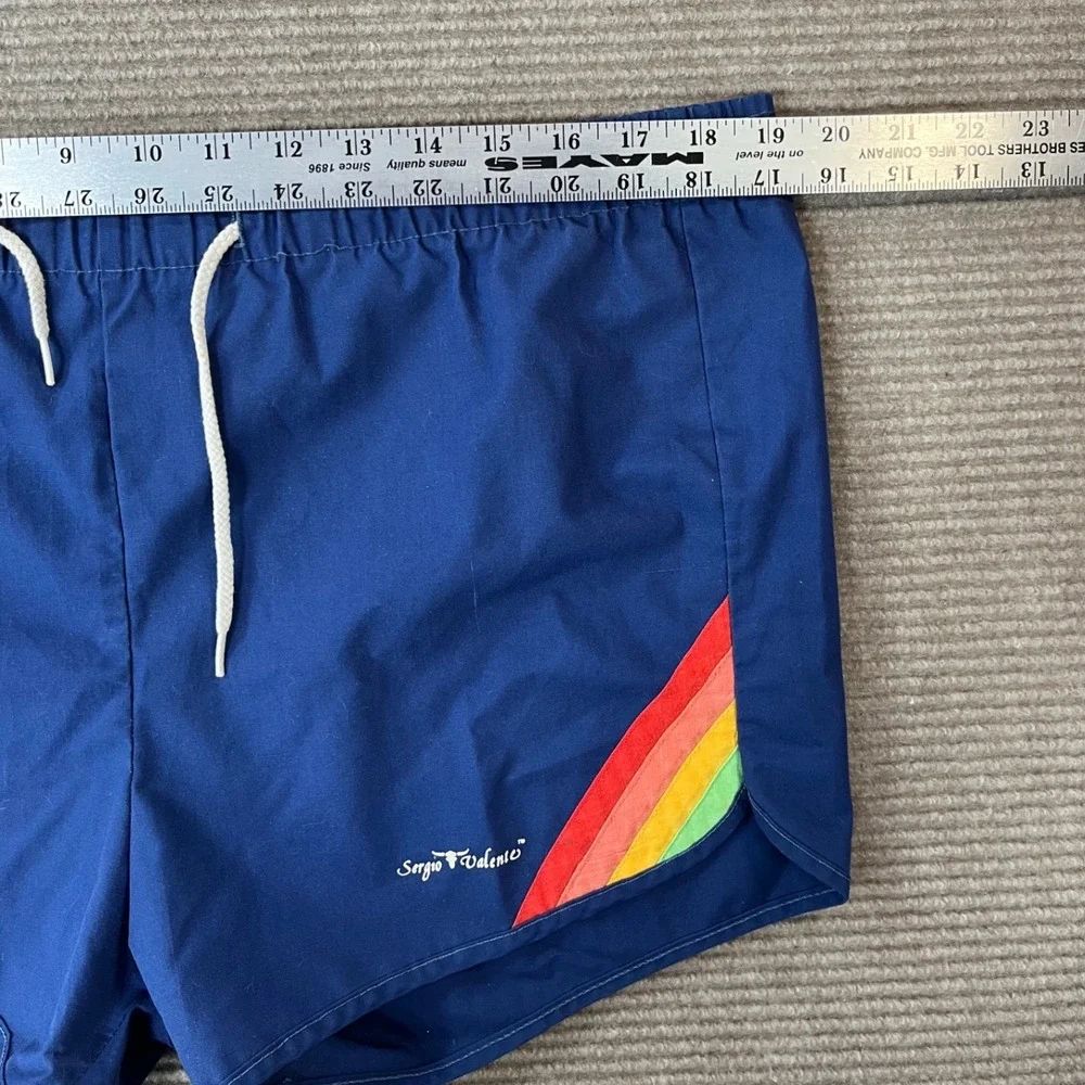 Sergio Valente Vintage 80s Blue Rainbow Stripe Swim Trunks Mens Size Large USA